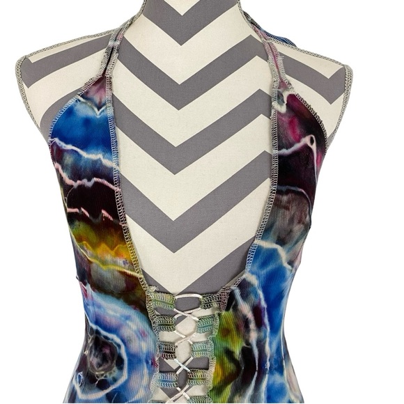 Handmade Geode Tie Dye Tank Top Halter Womens Small Ribbed Shirt Blue Upcycled - Picture 3 of 11